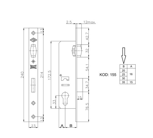 Замок дверной короткий Kale 155 D35/85 с роликом для алюминиевых дверей