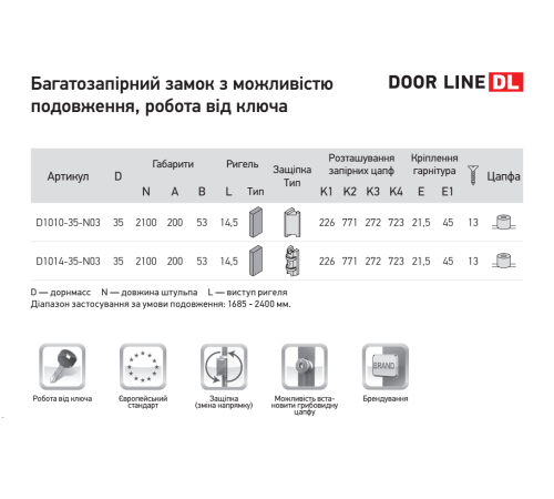 Замок рейка 35/92/2100 з роликом та гребінкою для пластикових дверей робота від ключа AXOR D1014-35-N03