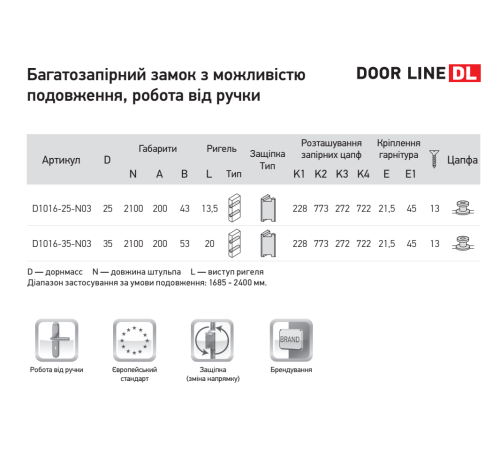 Замок рейка ПРОТИЗЛАМНИЙ 35/92/2100 із засувкою та гребінцем робота від ручки AXOR D1016-35-N03